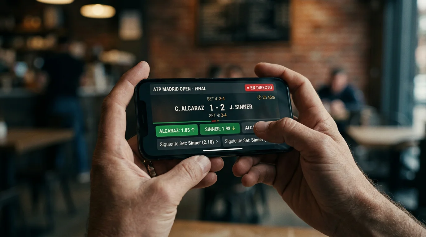 Apostador siguiendo un partido de tenis en vivo desde su smartphone con estadísticas en pantalla