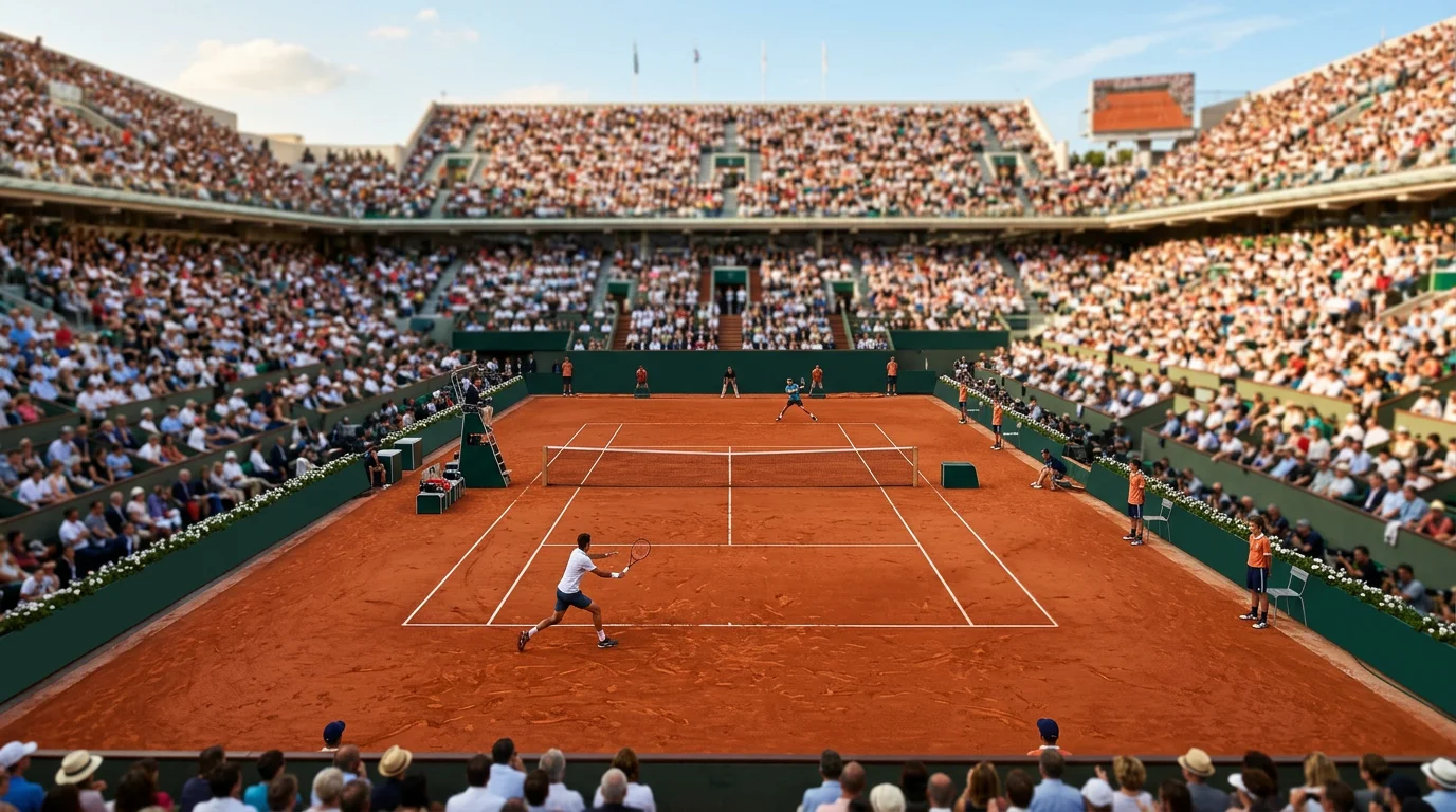 Pista de tenis de tierra batida durante un Grand Slam con estadio lleno de espectadores