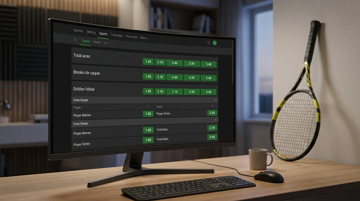 Pantalla de plataforma de apuestas de tenis mostrando mercados especiales ATP como aces y breaks de saque